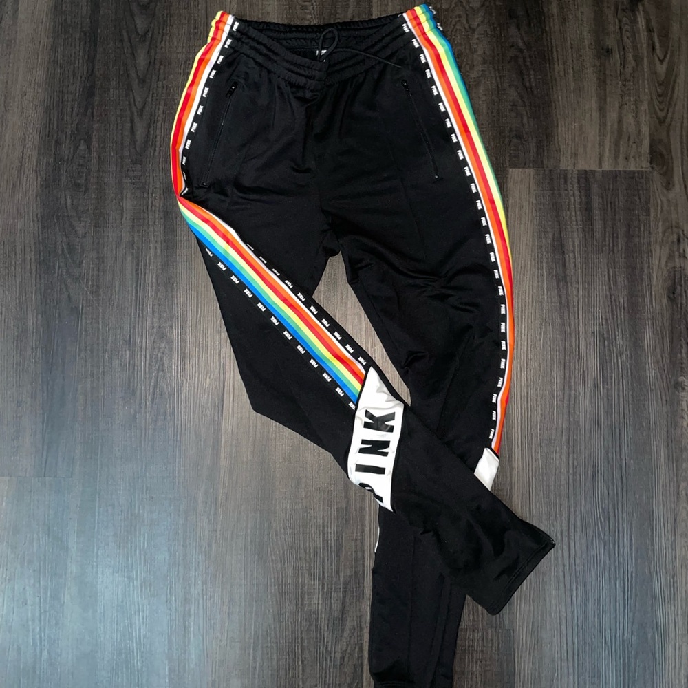 Victorias Secret Pink Skinny Track Pants Tight Rainbow Stripes